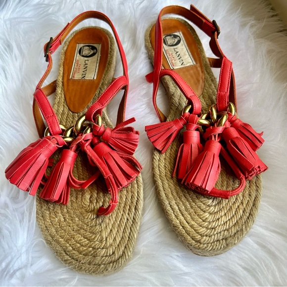 Lanvin Pink Leather Tassels Gold Chain Espadrille Sandals - Picture 2 of 10